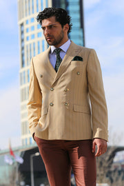 Double Breasted Slim Fit Striped Cream Men Blazer - Wessi