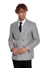 Double Breasted Slim Fit Striped Grey Men Blazer - Wessi