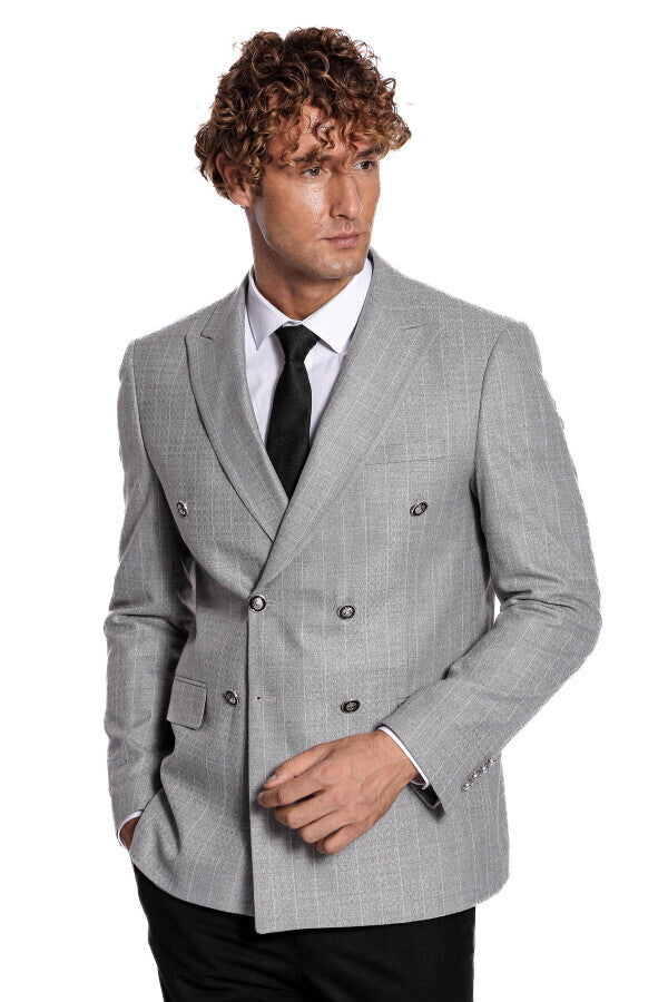 Double Breasted Slim Fit Striped Grey Men Blazer - Wessi