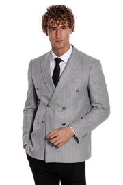 Double Breasted Slim Fit Striped Grey Men Blazer - Wessi