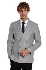 Double Breasted Slim Fit Striped Grey Men Blazer - Wessi