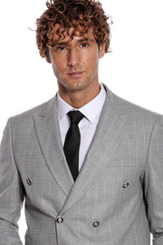 Double Breasted Slim Fit Striped Grey Men Blazer - Wessi