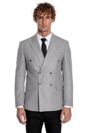 Double Breasted Slim Fit Striped Grey Men Blazer - Wessi