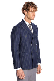 Double Breasted Slim Fit Striped Navy Blue Men Blazer - Wessi