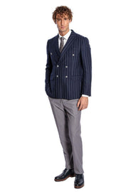 Double Breasted Slim Fit Striped Navy Blue Men Blazer - Wessi