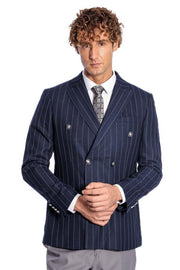 Double Breasted Slim Fit Striped Navy Blue Men Blazer - Wessi