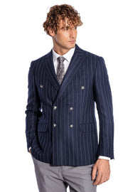 Double Breasted Slim Fit Striped Navy Blue Men Blazer - Wessi