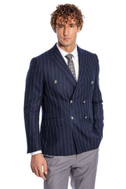 Double Breasted Slim Fit Striped Navy Blue Men Blazer - Wessi