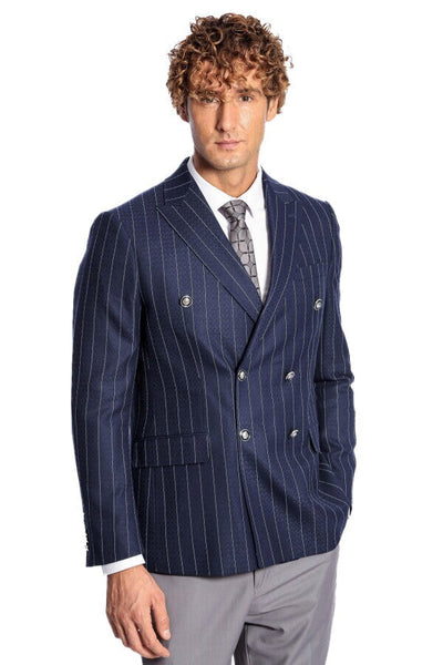 Double Breasted Slim Fit Striped Navy Blue Men Blazer - Wessi