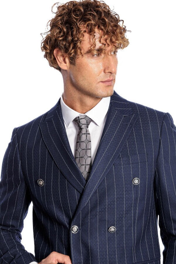 Double Breasted Slim Fit Striped Navy Blue Men Blazer - Wessi