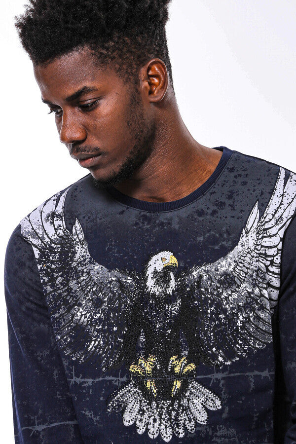 Eagle Patterned Slim Fit Navy Blue Sweatshirt - Wessi