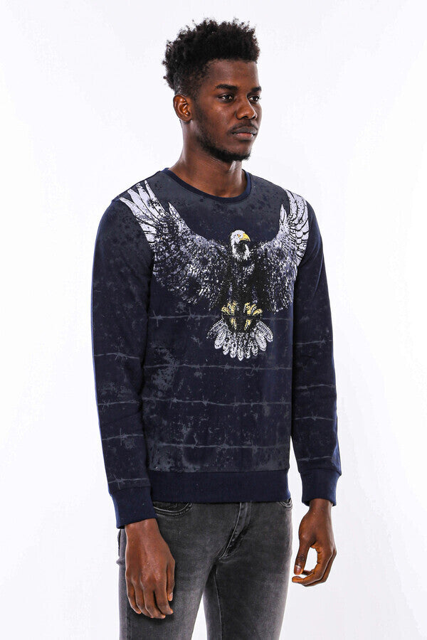 Eagle Patterned Slim Fit Navy Blue Sweatshirt - Wessi