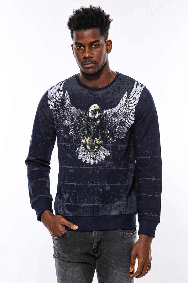 Eagle Patterned Slim Fit Navy Blue Sweatshirt - Wessi