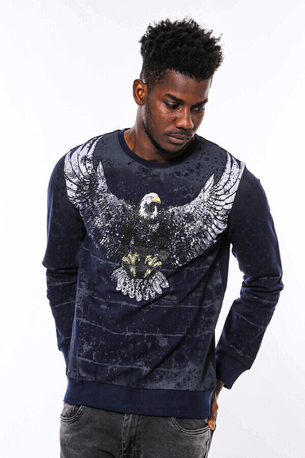 Eagle Patterned Slim Fit Navy Blue Sweatshirt - Wessi