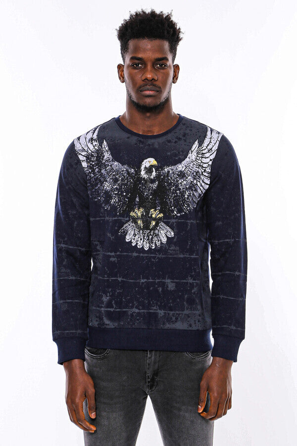 Eagle Patterned Slim Fit Navy Blue Sweatshirt - Wessi