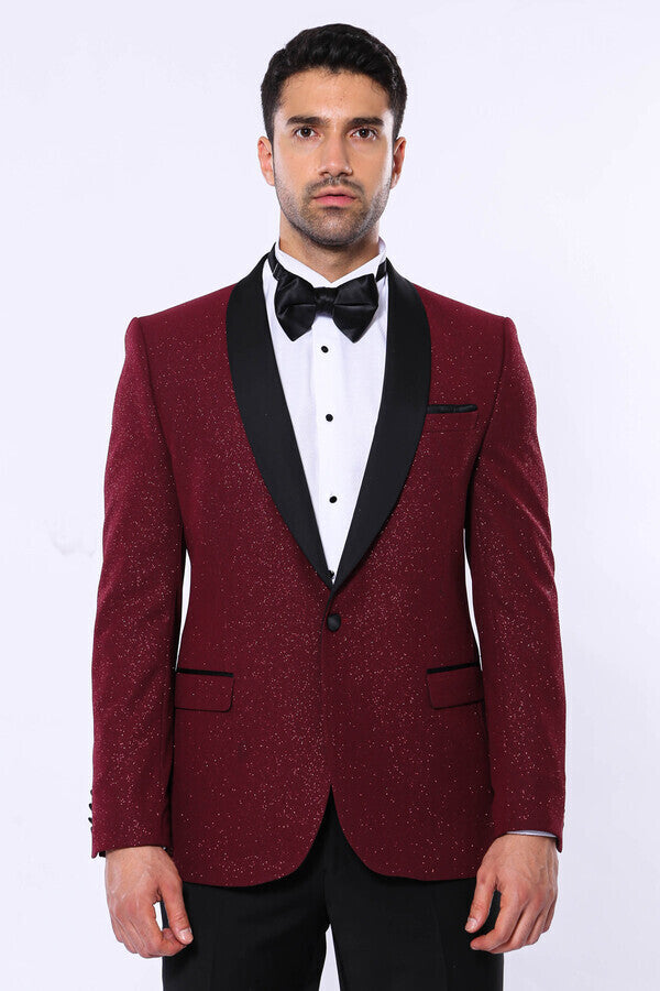 Burgundy Shawl Lapel Sparkly Men Tuxedo Jacket - Wessi