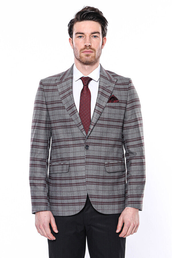 Slim-Fit Checked Burgundy Men Blazer - Wessi