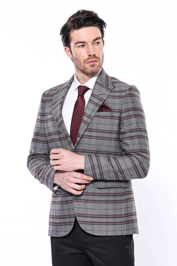 Slim-Fit Checked Burgundy Men Blazer - Wessi