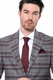 Slim-Fit Checked Burgundy Men Blazer - Wessi