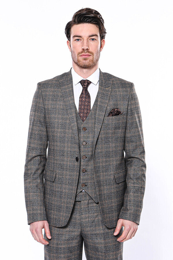 Checked Slim-Fit Dark Grey Men Blazer - Wessi