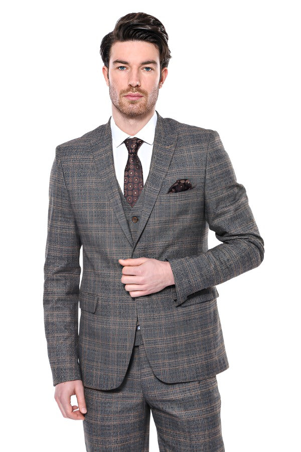 Checked Slim-Fit Dark Grey Men Blazer - Wessi