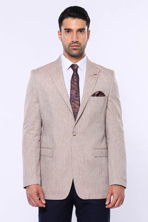 Striped Peak Lapel Cream Sport Jacket - Wessi