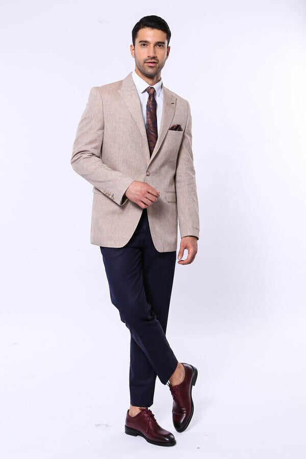 Striped Peak Lapel Cream Sport Jacket - Wessi