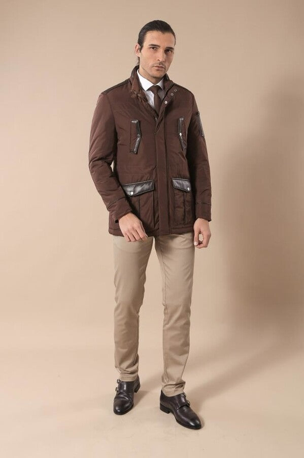 Leather Modeled Brown Slim Fit Quilted Jacket - Wessi