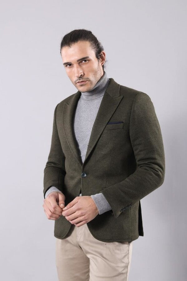 Peak Lapel Dark Green Wool Jacket - Wessi