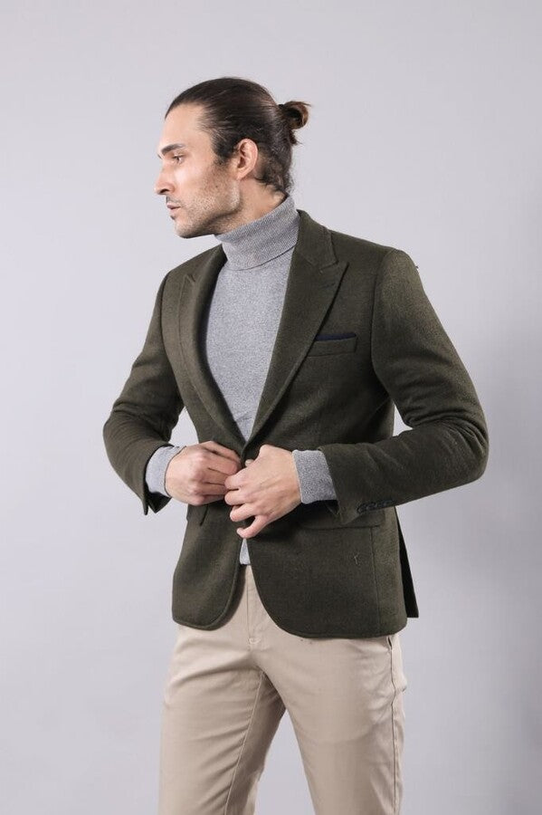 Peak Lapel Dark Green Wool Jacket - Wessi