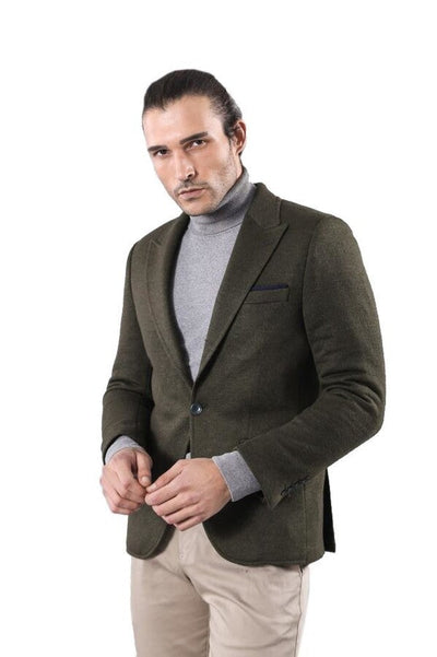 Peak Lapel Dark Green Wool Jacket - Wessi