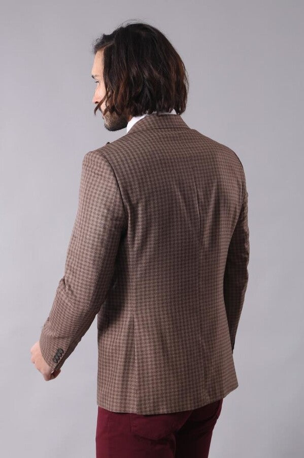 Single Button Plaid Brown Blazer - Wessi