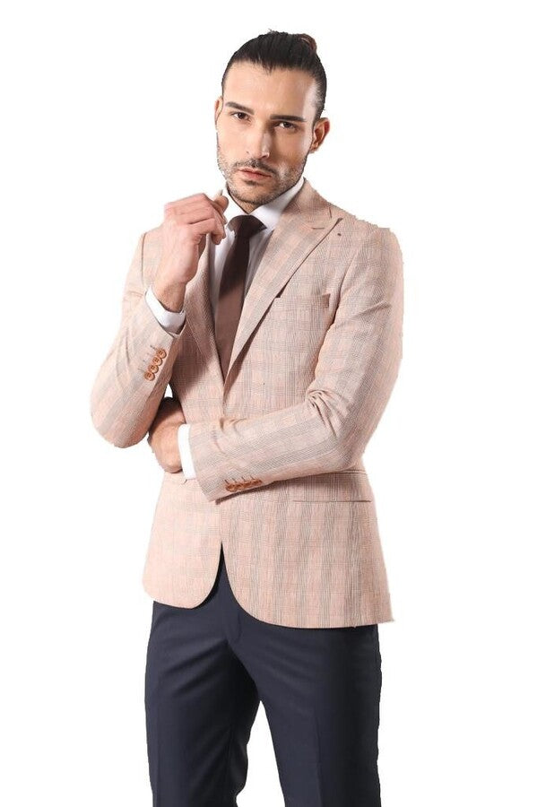 Single Button Plaid Beige Blazer - Wessi