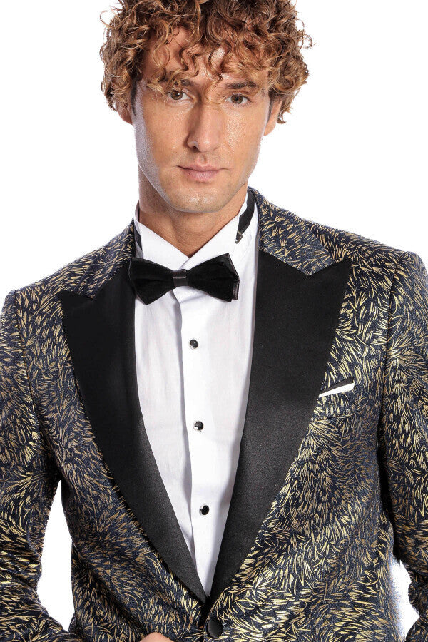 Feather Patterned Slim Fit Navy Blue Men Prom Blazer - Wessi