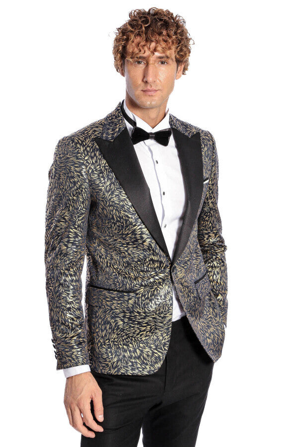 Feather Patterned Slim Fit Navy Blue Men Prom Blazer - Wessi