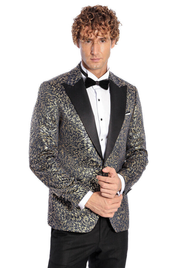 Feather Patterned Slim Fit Navy Blue Men Prom Blazer - Wessi