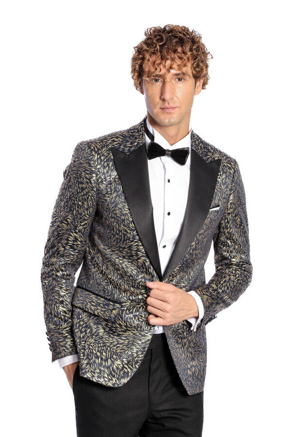 Feather Patterned Slim Fit Navy Blue Men Prom Blazer - Wessi