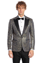 Feather Patterned Slim Fit Navy Blue Men Prom Blazer - Wessi