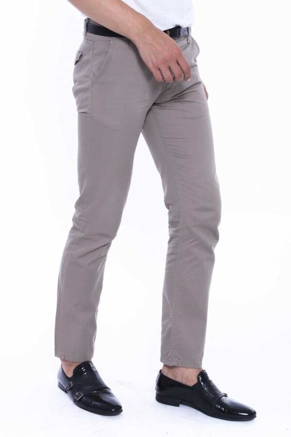 Flap Pockets Cotton Plain Beige Men Pants - Wessi