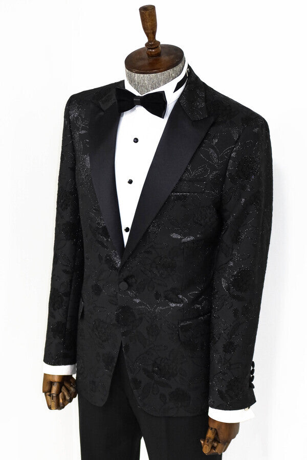 Floral Patterned Black Men Prom Blazer - Wessi