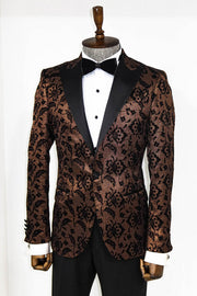 Floral Patterned Peak Lapel Gold Men Prom Blazer - Wessi