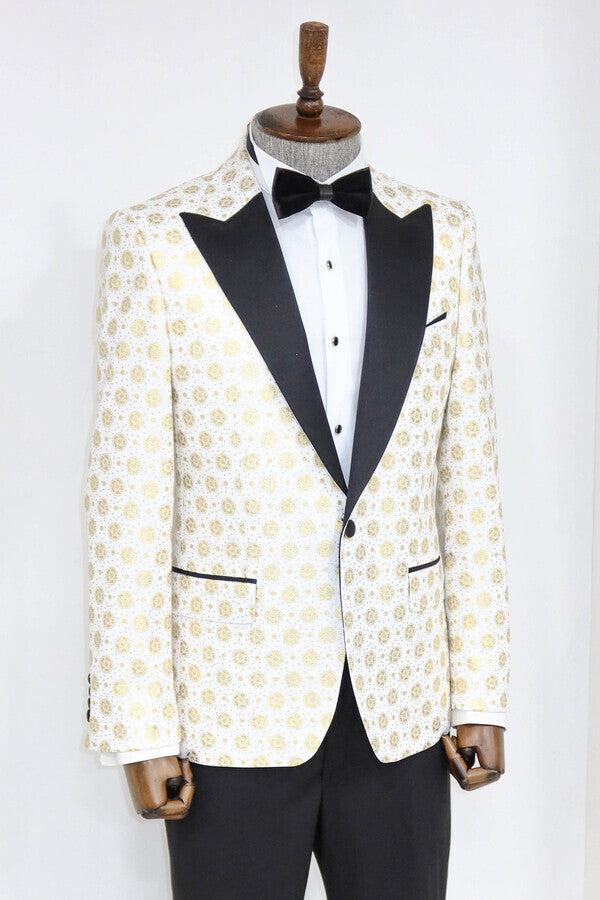 Floral Patterned Peak Lapel White Men Prom Blazer - Wessi