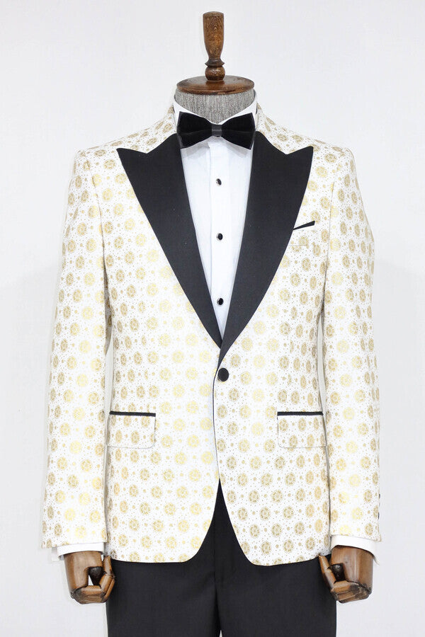 Floral Patterned Peak Lapel White Men Prom Blazer - Wessi