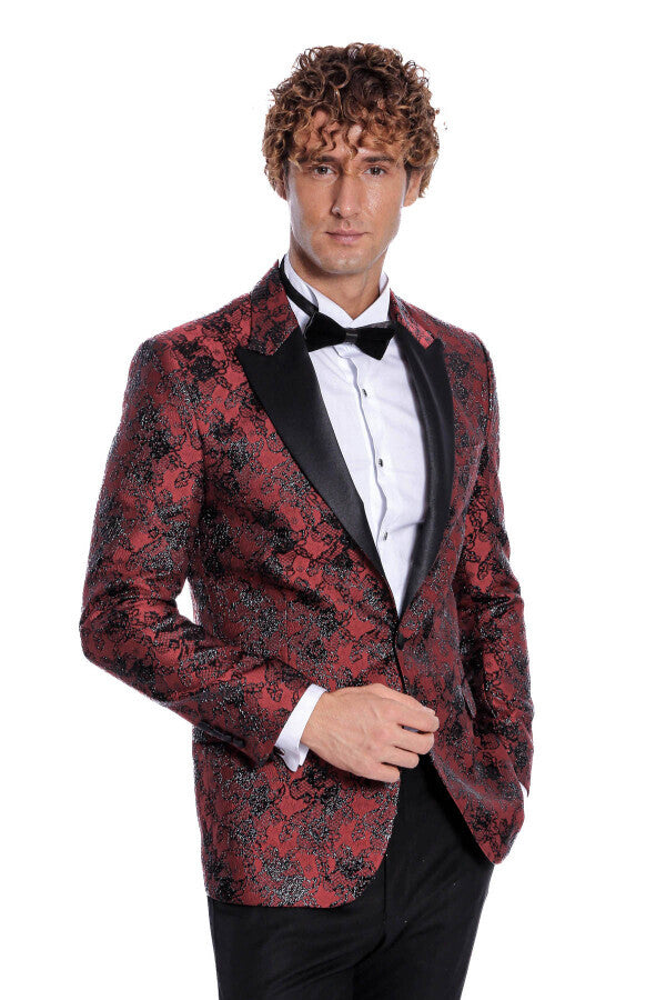 Floral Patterned Slim Fit Burgundy Men Prom Blazer - Wessi