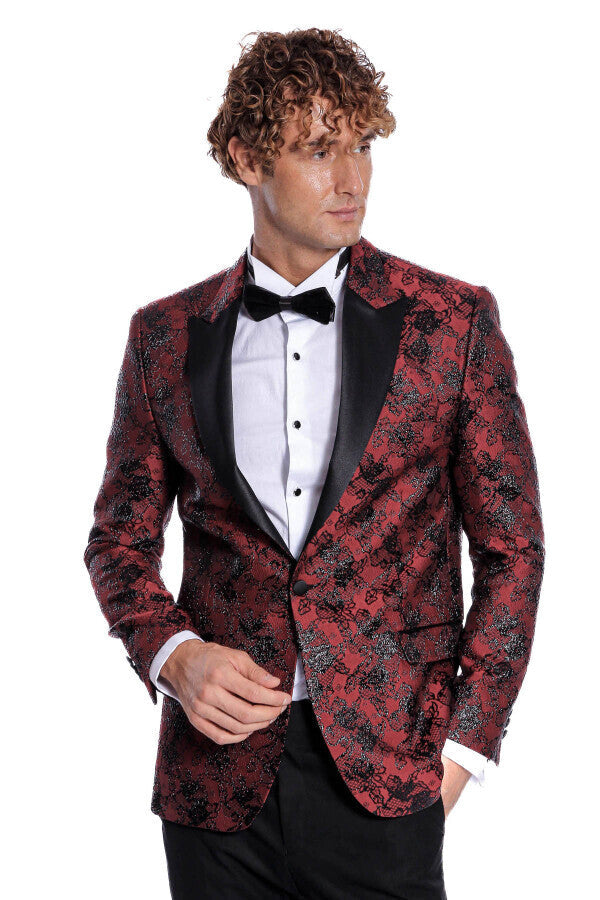 Floral Patterned Slim Fit Burgundy Men Prom Blazer - Wessi