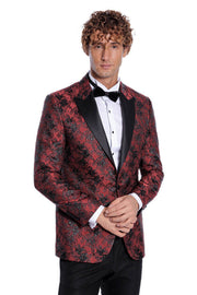 Floral Patterned Slim Fit Burgundy Men Prom Blazer - Wessi