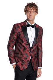 Floral Patterned Slim Fit Burgundy Men Prom Blazer - Wessi