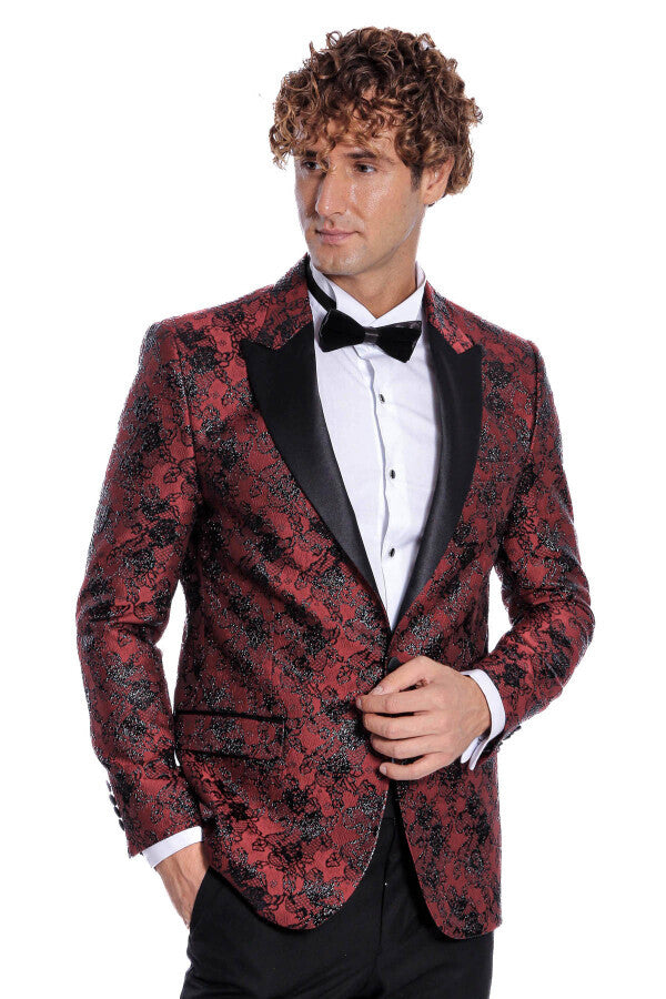 Floral Patterned Slim Fit Burgundy Men Prom Blazer - Wessi