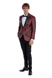 Floral Patterned Slim Fit Burgundy Men Prom Blazer - Wessi