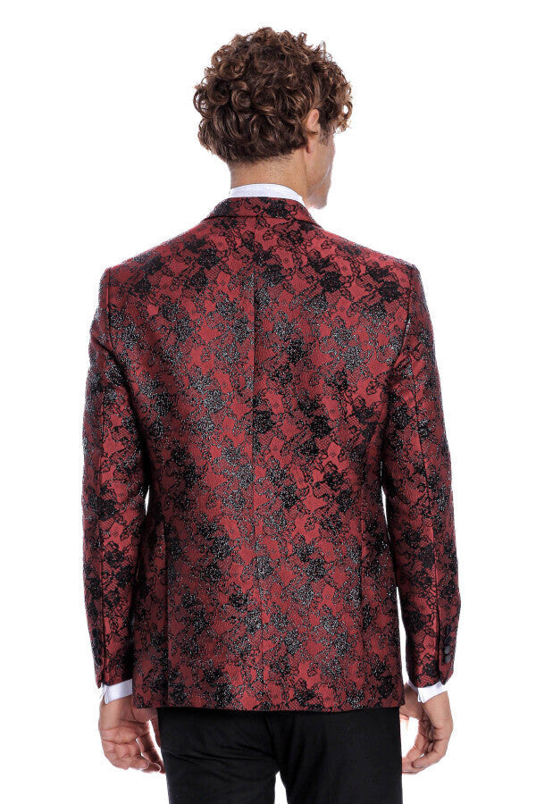 Floral Patterned Slim Fit Burgundy Men Prom Blazer - Wessi